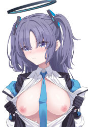 Rule 34 | 1girl, absurdres, black gloves, blue archive, blue necktie, blush, breasts, breasts out, closed mouth, clothes pull, collar tug, collared shirt, commentary request, eyes visible through hair, gloves, halo, highres, jacket, kurageumisawa, large breasts, long hair, long sleeves, looking at viewer, mechanical halo, necktie, nipples, off shoulder, parted bangs, purple eyes, purple hair, shirt, shirt pull, simple background, solo, two side up, v-shaped eyebrows, white background, white shirt, yuuka (blue archive)