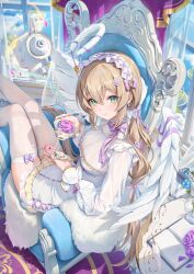 Rule 34 | 1girl, absurdres, angel wings, belt, bow, bow legwear, butterfly hair ornament, closed mouth, couch, cup, dress, feathered wings, flower, green eyes, hair ornament, hairband, halo, heart, heart hair ornament, highres, holding, holding cup, houkisei, indoors, light brown hair, long hair, long sleeves, on couch, original, purple bow, purple flower, purple rose, rose, sidelocks, sitting, smile, solo, thighhighs, white dress, white hairband, white thighhighs, white wings, wings