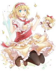 Rule 34 | 1girl, alice margatroid, alternate color, apron, ascot, black thighhighs, blonde hair, blue eyes, boots, bow, capelet, doll, dress, efe, hair bow, hairband, jewelry, lace, legs folded, long hair, matching shanghai, open mouth, puppet rings, puppet strings, red ribbon, revision, ribbon, ring, shanghai doll, shield, short hair, smile, solo, star (symbol), thighhighs, touhou, waist apron