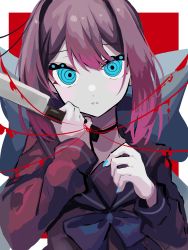 Rule 34 | 1girl, ahute, antenna hair, bad id, bad pixiv id, blood, blue eyes, blush, bow, choker, dripping, gradient hair, hair bow, hair intakes, highres, holding, holding knife, knife, large bow, long sleeves, looking at viewer, multicolored hair, nail polish, original, parted lips, purple hair, school uniform, serafuku, solo, string, string around finger, string of fate