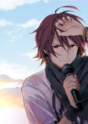 Rule 34 | 10s, 2015, amagase touma, bracelet, brown eyes, brown hair, closed mouth, cloud, cloudy sky, dated, happy birthday, heart, idolmaster, idolmaster side-m, jewelry, male focus, microphone, nogoodlife, scarf, short sleeves, sky, smile, solo, sunset, sweatband