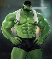 Rule 34 | 1boy, abs, bara, beard, black eyes, black hair, blurry, blurry background, colored skin, dopey (dopq), facial hair, green skin, hand on own hip, hat, highres, large pectorals, looking at viewer, male focus, male underwear, manly, mature male, muscular, muscular male, navel, nipples, orc, original, pectorals, pointy ears, solo, sweat, sweatdrop, teeth, thick arms, thick eyebrows, thick thighs, thighs, towel, towel around neck, tusks, underwear