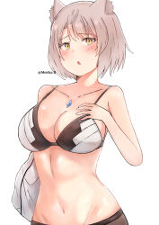 Rule 34 | 1girl, alternate breast size, animal ears, blush, bra, breasts, cat ears, chest jewel, collarbone, grey hair, highres, large breasts, looking at viewer, meidza d, mio (xenoblade), navel, open mouth, pantyhose, short hair, simple background, solo, stomach, underwear, unworn clothes, xenoblade chronicles (series), xenoblade chronicles 3, yellow eyes