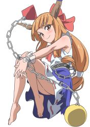 Rule 34 | 1girl, barefoot, blue skirt, blush, bow, chain, closed mouth, cuffs, full body, gyouza (mhea5724), hair bow, highres, horns, ibuki suika, long hair, looking at viewer, oni horns, orange eyes, orange hair, print skirt, red bow, shirt, simple background, skirt, smile, solo, torn clothes, torn sleeves, touhou, white background, white shirt