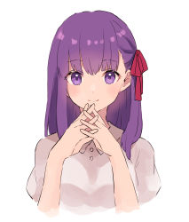 Rule 34 | 1girl, absurdres, bad id, bad pixiv id, blush, closed mouth, collared dress, cropped torso, dress, fate/stay night, fate (series), grey dress, hair ribbon, hands up, highres, interlocked fingers, long hair, looking at viewer, lq saku, matou sakura, own hands together, purple eyes, purple hair, red ribbon, ribbon, smile, solo, upper body, white background