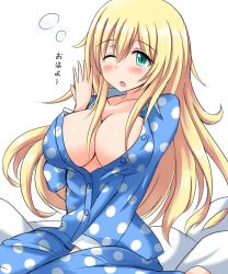 Rule 34 | 10s, 1girl, atago (kancolle), blonde hair, blush, breasts, cleavage, green eyes, kantai collection, large breasts, long hair, one eye closed, open mouth, pajamas, polka dot, print pajamas, simple background, sitting, sleepy, solo, tears, translation request, white background, yuguran (specs)