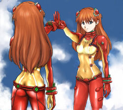 Rule 34 | 00s, 2girls, ass, bad id, bad pixiv id, blue eyes, bodysuit, brown hair, butt crack, clone, day, dual persona, evangelion: 2.0 you can (not) advance, long hair, mougira, multicolored clothes, multiple girls, multiple views, navel, neon genesis evangelion, plugsuit, rebuild of evangelion, red bodysuit, reflection, see-through, see-through bodysuit, shiny clothes, sky, smile, souryuu asuka langley, standing, test plugsuit, very long hair, wide hips