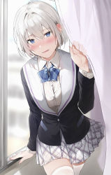 Rule 34 | 1girl, absurdres, black jacket, blue bow, blue bowtie, blue eyes, blush, bow, bowtie, collared shirt, curtain grab, curtains, grey hair, highres, jacket, long sleeves, looking at viewer, original, parted lips, pleated skirt, shirt, short hair, skirt, smile, solo, thighhighs, thighs, white thighhighs, window, xretakex