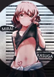 Rule 34 | absurdres, arm tattoo, black tank top, blush, braid, breasts, brown eyes, brown hair, character name, clothes around waist, clothes lift, collarbone, commentary, fang, grin, hair ornament, hairclip, height chart, highres, idolmaster, idolmaster million live!, idolmaster million live! theater days, kasuga mirai, looking at viewer, medium breasts, medium hair, midriff, mugshot, naughty face, navel, no bra, sanami (sanami t 38), shirt lift, smile, solo, sweat, sweatdrop, sweater, sweater around waist, tank top, tattoo, underboob, wristband