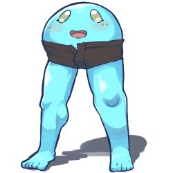 Rule 34 | barefoot, blue blobble (world flipper), blue skin, blue theme, blush, brown shorts, colored skin, feet, green eyes, happy, highres, jpeg artifacts, legs, looking up, no humans, open mouth, pore kenkyuuin, shiny skin, short shorts, shorts, simple background, sketch, slime (creature), smile, solo, standing, what, white background, world flipper