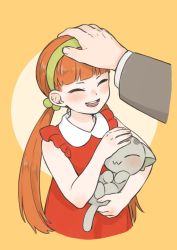 Rule 34 | 1girl, blunt bangs, cat, closed eyes, cropped torso, dress, green hairband, grey cat, hairband, headpat, highres, huangshou (the legend of luoxiaohei), long hair, mede lxh, open mouth, orange background, red dress, shanxin (the legend of luoxiaohei), smile, solo, luo xiaohei zhanji, twintails, upper body