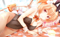 Rule 34 | 1girl, animal ears, bed, black leotard, bow, bowtie, breasts, brown pantyhose, cleavage, commentary request, cowboy shot, detached collar, fake animal ears, girlfriend (kari), highres, leotard, looking at viewer, lying, masa (mirage77), medium breasts, on side, orange bow, orange bowtie, orange hair, pantyhose, parted lips, playboy bunny, rabbit ears, rabbit girl, rabbit tail, red eyes, short hair, side ponytail, smile, solo, strapless, strapless leotard, stuffed animal, stuffed rabbit, stuffed toy, tail, teddy bear, tomura michiru, wallpaper, wrist cuffs