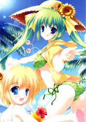 Rule 34 | 2girls, :d, :q, absurdres, ass, bikini, blonde hair, blue eyes, blush, bow, green hair, hat, highres, hood, hoodie, huge filesize, lemon-chan, lens flare, long hair, looking back, melon-chan, melonbooks, mikeou, multiple girls, open clothes, open mouth, open shirt, shirt, short hair, side-tie bikini bottom, smile, straw hat, swimsuit, tongue, tongue out, twintails, very long hair, yellow bow