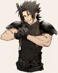 Rule 34 | 1boy, armor, belt, black gloves, black hair, blue eyes, crisis core final fantasy vii, earrings, final fantasy, final fantasy vii, gloves, highres, inuue15, jewelry, lower teeth only, multiple belts, muscular, muscular male, own hands together, parted bangs, shoulder armor, single earring, sleeveless, sleeveless turtleneck, smile, solo, spiked hair, suspenders, teeth, turtleneck, upper body, upper teeth only, weapon, weapon on back, zack fair