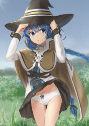 Rule 34 | 1girl, black hat, black skirt, blue eyes, blue hair, blue sky, bow, bow panties, braid, brown cape, cape, clothes lift, crotch seam, day, floating hair, hair between eyes, hat, highres, kubure, long hair, looking at viewer, miniskirt, mushoku tensei, open mouth, outdoors, panties, roxy migurdia, skirt, skirt lift, sky, solo, standing, sunlight, thigh gap, twin braids, underwear, very long hair, white panties, wind, wind lift, witch hat