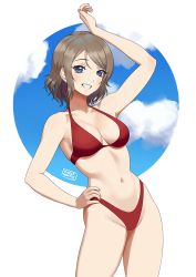Rule 34 | 1girl, arm up, artist name, bikini, blue eyes, breasts, brown hair, carlo montie, cleavage, collarbone, grin, halterneck, hand on own hip, highleg, highleg bikini, leaning back, looking at viewer, love live!, love live! sunshine!!, medium breasts, nail polish, navel, pink nails, red bikini, short hair, simple background, smile, solo, standing, swept bangs, swimsuit, watanabe you, white background