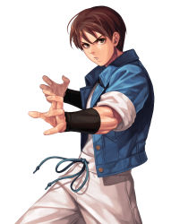 Rule 34 | 1boy, blue jacket, brown eyes, brown hair, commentary request, evilgun, fighting stance, fingernails, hair between eyes, highres, jacket, looking at viewer, male focus, open clothes, open jacket, pants, parted lips, serious, shirt, shirt tucked in, short hair, sie kensou, simple background, solo, standing, the king of fighters, the king of fighters &#039;97, v-shaped eyebrows, white background, white pants, white shirt, wristband