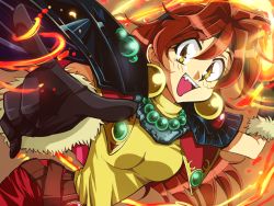 Rule 34 | 1girl, :d, armor, belt, black gloves, brown background, brown eyes, fire, gloves, jewelry, koinohito, lina inverse, long hair, necklace, open mouth, pants, pauldrons, pointing, red hair, shoulder armor, slayers, smile, solo, torisuke (koinohito)