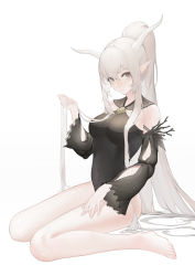 Rule 34 | absurdres, alternate costume, arknights, bare legs, bare shoulders, barefoot, black one-piece swimsuit, breasts, closed mouth, full body, hair between eyes, hand up, highres, holding, holding own hair, hors, large breasts, long hair, long sleeves, looking at viewer, navel, official alternate costume, one-piece swimsuit, pointy ears, ponytail, pwd, shining (arknights), shining (silent night) (arknights), silver hair, sitting, swimsuit, very long hair, wariza