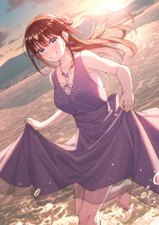 Rule 34 | 1girl, absurdres, bad id, bad pixiv id, barefoot, blue eyes, blush, bow, breasts, brown hair, cleavage, collarbone, day, dress, earrings, floating hair, grin, hair between eyes, hair bow, highres, jewelry, koh rd, large breasts, long hair, looking at viewer, necklace, original, outdoors, pink bow, purple dress, skirt hold, sleeveless, sleeveless dress, smile, soaking feet, solo, wading