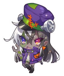 Rule 34 | 1girl, :d, armband, black footwear, black hair, black thighhighs, boots, chibi, crossed bangs, dark-skinned female, dark skin, fang, full body, hair between eyes, hat, heterochromia, highres, holding, jacket, long sleeves, looking at viewer, multicolored hair, nail, object through head, open mouth, original, pointy ears, purple eyes, purple hat, purple jacket, red eyes, samei ikusa, screw in head, simple background, smile, solo, split-color hair, standing, standing on one leg, stitches, thighhighs, torn clothes, torn thighhighs, two-tone hair, white background, white hair, wrench