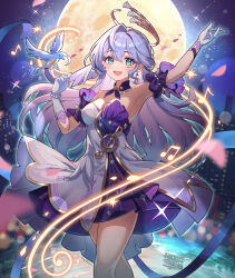 Rule 34 | 1girl, :d, aqua eyes, arm up, armpits, bird, breasts, commentary, detached sleeves, dress, earrings, facial mark, feet out of frame, gloves, hair intakes, hand up, honkai: star rail, honkai (series), jewelry, long hair, looking at viewer, moon, open mouth, purple hair, robin (honkai: star rail), saylamars, short sleeves, small breasts, smile, solo, standing, strapless, strapless dress, thighs, very long hair, white dress, white gloves