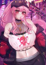 Rule 34 | 1girl, bare shoulders, black hat, breasts, bubble, chewing gum, city, city lights, cityscape, cleavage, collarbone, crop top, earrings, hands in pockets, hat, highres, hololive, hololive english, hoop earrings, jacket, jewelry, large breasts, long hair, looking at viewer, midriff, mori calliope, mori calliope (streetwear), navel, necklace, neon lights, off shoulder, official alternate costume, osiimi, pink eyes, pink hair, pink theme, ponytail, red jacket, shorts, sidelocks, simple background, skull print, solo, strap slip, virtual youtuber