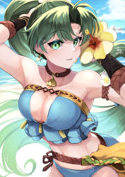 Rule 34 | adjusting hair, arm strap, arm warmers, armpits, artist name, bare shoulders, beach, bikini, blue bikini, breasts, cleavage, cloud, cloudy sky, cowboy shot, day, earrings, fire emblem, fire emblem: the blazing blade, fire emblem heroes, flower, green eyes, green hair, hair flower, hair ornament, hand in own hair, highres, jewelry, long hair, looking at viewer, lyn (fire emblem), lyn (summer) (fire emblem), medium breasts, midriff, nakabayashi zun, navel, necklace, nintendo, ocean, official alternate costume, outdoors, parted bangs, parted lips, ponytail, shell, shell necklace, signature, sky, smile, solo, swimsuit, very long hair