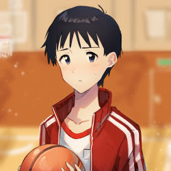 Rule 34 | 1boy, bad id, bad pixiv id, ball, basketball, basketball (object), basketball hoop, black hair, blue eyes, blurry, blurry background, closed mouth, collarbone, commentary request, hajikkoneko, highres, holding, holding ball, ikari shinji, indoors, jacket, light particles, looking at viewer, male focus, neon genesis evangelion, red jacket, school uniform, shirt, short hair, solo, sweat, track jacket, upper body, very short hair, white shirt, worried