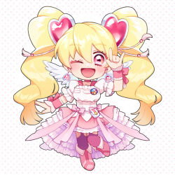 Rule 34 | 1girl, ;d, angel wings, blonde hair, blush, choker, cure peach, cure peach (angel), earrings, fresh precure!, full body, hair ornament, heart, heart earrings, heart hair ornament, highres, jewelry, kb83ys, magical girl, momozono love, one eye closed, open mouth, pink choker, pink eyes, pouch, precure, smile, solo, thighhighs, twintails, white wings, wings