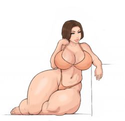 Rule 34 | 1girl, breasts, brown hair, cleavage, colorized, curvy, large breasts, lm (legoman), navel, plump, sitting, smile, solo, sweat, swimsuit, thick thighs, thighs, wide hips