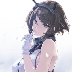 Rule 34 | 1girl, bare shoulders, breasts, brown hair, cherry blossoms, closed mouth, collar, finger to mouth, flipped hair, from side, gloves, green eyes, head tilt, headgear, kantai collection, large breasts, lips, looking at viewer, mutsu (kancolle), rokuwata tomoe, short hair, sideboob, simple background, smile, solo, upper body, white background, white gloves