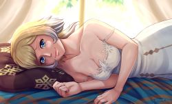 Rule 34 | 1girl, bare shoulders, blonde hair, blue eyes, blush, breasts, cleavage, collarbone, commentary request, dress, evomanaphy, fire emblem, fire emblem heroes, fjorm (fire emblem), gradient hair, highres, looking at viewer, lying, medium breasts, multicolored hair, nintendo, on bed, on pillow, on side, pillow, short hair, signature, silver hair, smile, solo, spaghetti strap, strap slip, two-tone hair, white dress