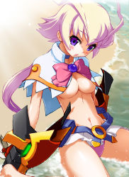 Rule 34 | 1girl, :o, amanohara minori, antenna hair, arcana heart, arcana heart 3, beach, belt, blonde hair, blue belt, blue neckwear, bow, breasts, brooch, capelet, choker, jewelry, large breasts, long hair, looking at viewer, manohiro yuki, miniskirt, navel, open mouth, panties, pink bow, pink panties, pouch, purple eyes, revealing clothes, sitting, skirt, solo, underboob, underwear, wariza, water, white capelet, white skirt