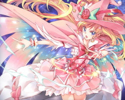 Rule 34 | 1girl, :o, alexandrite style, asahina mirai, bow, cape, cowboy shot, cure miracle, cure miracle (alexandrite style), earrings, flower, frills, gloves, hat, hat flower, highres, jewelry, looking at viewer, magical girl, mahou girls precure!, pink bow, pink hat, pink skirt, precure, purple eyes, red flower, red rose, rose, skirt, solo, tugo, white gloves, witch hat