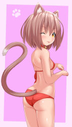 Rule 34 | 1girl, ;p, animal ear fluff, animal ears, ass, bikini, breasts, brown hair, cat ears, cat girl, cat tail, highres, looking at viewer, one eye closed, original, paw pose, red bikini, short hair, small breasts, swimsuit, tail, tongue, tongue out, wedgie, yellow eyes, zoquqot