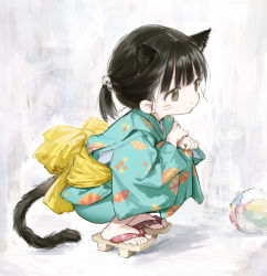 Rule 34 | 1girl, animal ears, ball, beachball, bell, black hair, brown eyes, cat ears, cat tail, character request, copyright request, facial mark, feet, geta, green kimono, grey background, hair ornament, highres, japanese clothes, kimono, looking to the side, medium hair, no socks, obi, ponytail, sash, sho (sho lwlw), simple background, squatting, tail, whisker markings, yukata