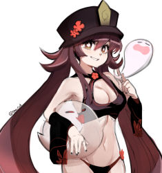 Rule 34 | 1girl, 2others, between fingers, bikini, black bikini, black nails, blush, breasts, brown hair, cleavage, cleavage cutout, clothing cutout, detached sleeves, duplicate, flower-shaped pupils, genshin impact, ghost, halterneck, hat, highres, holding, hu tao (genshin impact), hug, long hair, medium breasts, multiple others, nail polish, navel, pixel-perfect duplicate, sho-n-d, solo focus, standing, swimsuit, symbol-shaped pupils, twintails, very long hair, white background, wide sleeves