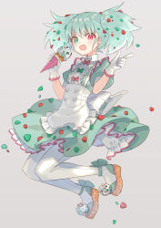 Rule 34 | 1girl, apron, blush, bow, brown footwear, commentary request, dress, food, food-themed clothes, frilled apron, frills, full body, gloves, green bow, green dress, green eyes, green hair, grey background, hands up, heterochromia, holding, holding food, ice cream, ice cream cone, indoors, looking at viewer, miyoshino, open mouth, original, pantyhose, personification, puffy short sleeves, puffy sleeves, red bow, red eyes, short sleeves, simple background, solo, twintails, waist apron, white apron, white gloves, white pantyhose