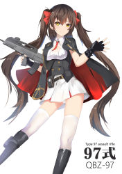 Rule 34 | 1girl, assault rifle, black footwear, black gloves, boots, breasts, brown hair, bullpup, character name, closed mouth, corset, fingerless gloves, freedom up, girls&#039; frontline, gloves, gun, hair between eyes, highres, holding, holding gun, holding weapon, jacket, jacket on shoulders, long hair, looking at viewer, medium breasts, panties, pantyshot, qbz-97, rifle, simple background, smile, solo, standing, thighhighs, thighs, trigger discipline, twintails, type 97 (girls&#039; frontline), underwear, weapon, white background, white panties, white thighhighs, yellow eyes