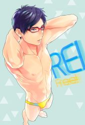 Rule 34 | 10s, 1boy, bad id, bad pixiv id, barefoot, blue hair, character name, copyright name, free!, glasses, k29, male focus, male swimwear, muscular, navel, purple eyes, red-framed eyewear, revision, ryuugazaki rei, solo, standing, swim briefs, swimsuit, topless male, yellow male swimwear, yellow swim briefs