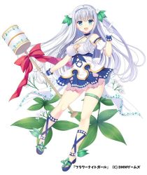 Rule 34 | 1girl, :d, blue eyes, blue footwear, blue neckwear, bow, choker, company name, copyright name, flower, flower knight girl, gloves, hair ornament, hairband, holding, holding staff, kinutasou (flower knight girl), long hair, looking at viewer, name connection, naruse mamoru, object namesake, official art, open mouth, red bow, see-through, shoes, silver hair, simple background, skirt, smile, solo, staff, two side up, white background, white bow, white gloves