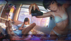 Rule 34 | 2girls, barefoot, bed, black hair, bra, breasts, chainsaw man, cleavage, unworn clothes, controller, cross scar, dual persona, highres, holding, holding remote control, indoors, looking at viewer, mitaka asa, multiple girls, namako mikan, panties, perspective, remote control, scar, scar on face, small breasts, toes, underwear, vhs artifacts, white bra, white panties, window, yoru (chainsaw man)