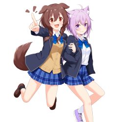 Rule 34 | 2girls, animal ear fluff, animal ears, black legwear, blazer, blue jacket, blue neckwear, blue skirt, blush, bow, bowtie, braid, brown eyes, brown hair, cardigan, cat ears, cat girl, collared shirt, commentary request, dog ears, dog girl, dog tail, fangs, felutiahime, hair between eyes, hand in pocket, highres, holding another&#039;s arm, hololive, inugami korone, jacket, loafers, long hair, looking at viewer, multiple girls, nekomata okayu, notice lines, open clothes, open jacket, open mouth, plaid, plaid skirt, pleated skirt, pointing, purple eyes, purple hair, shirt, shoes, short hair, sidelocks, simple background, skirt, smile, sneakers, socks, tail, twin braids, virtual youtuber, white background, white legwear, white shirt