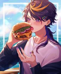 Rule 34 | 1boy, absurdres, ahoge, bird, black hair, black jacket, blonde hair, blue sky, blush, burger, cloud, cloudy sky, commentary, day, drooling, earrings, english commentary, eyelashes, fingernails, food, hair ornament, hairclip, hands up, highres, holding, holding food, horizon, jacket, jewelry, lettuce, long fingernails, long hair, male focus, mochigome (yum), mouth drool, multicolored hair, nail polish, necklace, nijisanji, nijisanji en, ocean, off shoulder, open clothes, open jacket, open mouth, outdoors, parted bangs, pink hair, purple hair, purple nails, shirt, shu yamino, sidelocks, sky, solo, sparkle, star (symbol), star earrings, star in eye, streaked hair, swept bangs, symbol in eye, tomato, tomato slice, upper body, virtual youtuber, water, white shirt
