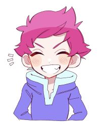 Rule 34 | 1girl, blue hood, blush, blush stickers, closed mouth, cyappy1022, grin, happy, hood, hoodie, kumatora, looking at viewer, mother (game), mother 3, nintendo, pink eyebrows, pink hair, short hair, smile, solo, upper body