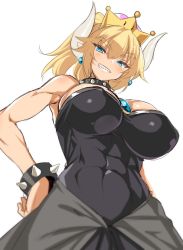 Rule 34 | 1girl, :d, abs, bad id, bad twitter id, bare shoulders, blonde hair, blue eyes, blush, bowsette, breasts, cle masahiro, cleavage, clenched teeth, collar, covered erect nipples, crown, earrings, female focus, hands on own hips, horns, jewelry, large breasts, looking at viewer, mario (series), new super mario bros. u deluxe, nintendo, open mouth, pointy ears, ponytail, simple background, sketch, smile, super crown, teeth, white background