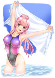 Rule 34 | 1girl, arms up, brown eyes, competition swimsuit, long hair, mashinatsu, one-piece swimsuit, original, pink hair, ponytail, reiji-sss, soaking feet, solo, standing, swimsuit, towel, wading, water