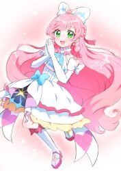 Rule 34 | 1girl, ahoge, blue bow, boots, bow, braided sidelock, brooch, cure prism, dress, earrings, elbow gloves, gloves, green eyes, hair bow, heart, heart ahoge, highres, hirogaru sky! precure, jewelry, long hair, magical girl, nijigaoka mashiro, open mouth, pink hair, precure, rii (rii0 02), smile, solo, very long hair, white dress, white gloves, wing brooch