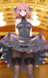 Rule 34 | 1girl, bare shoulders, black bow, black dress, black gloves, black panties, blue eyes, blunt bangs, blush, bow, breasts, brown thighhighs, cleavage, clothes lift, dress, dress lift, frilled dress, frills, garter straps, gloves, gluteal fold, go-toubun no hanayome, hair ornament, hair ribbon, highres, indoors, kongbai, lace, lace-trimmed legwear, lace trim, lifted by self, lips, looking at viewer, medium breasts, nakano nino, open mouth, panties, pantyshot, pink hair, ribbon, short hair, sleeveless, sleeveless dress, solo, standing, thighhighs, underwear